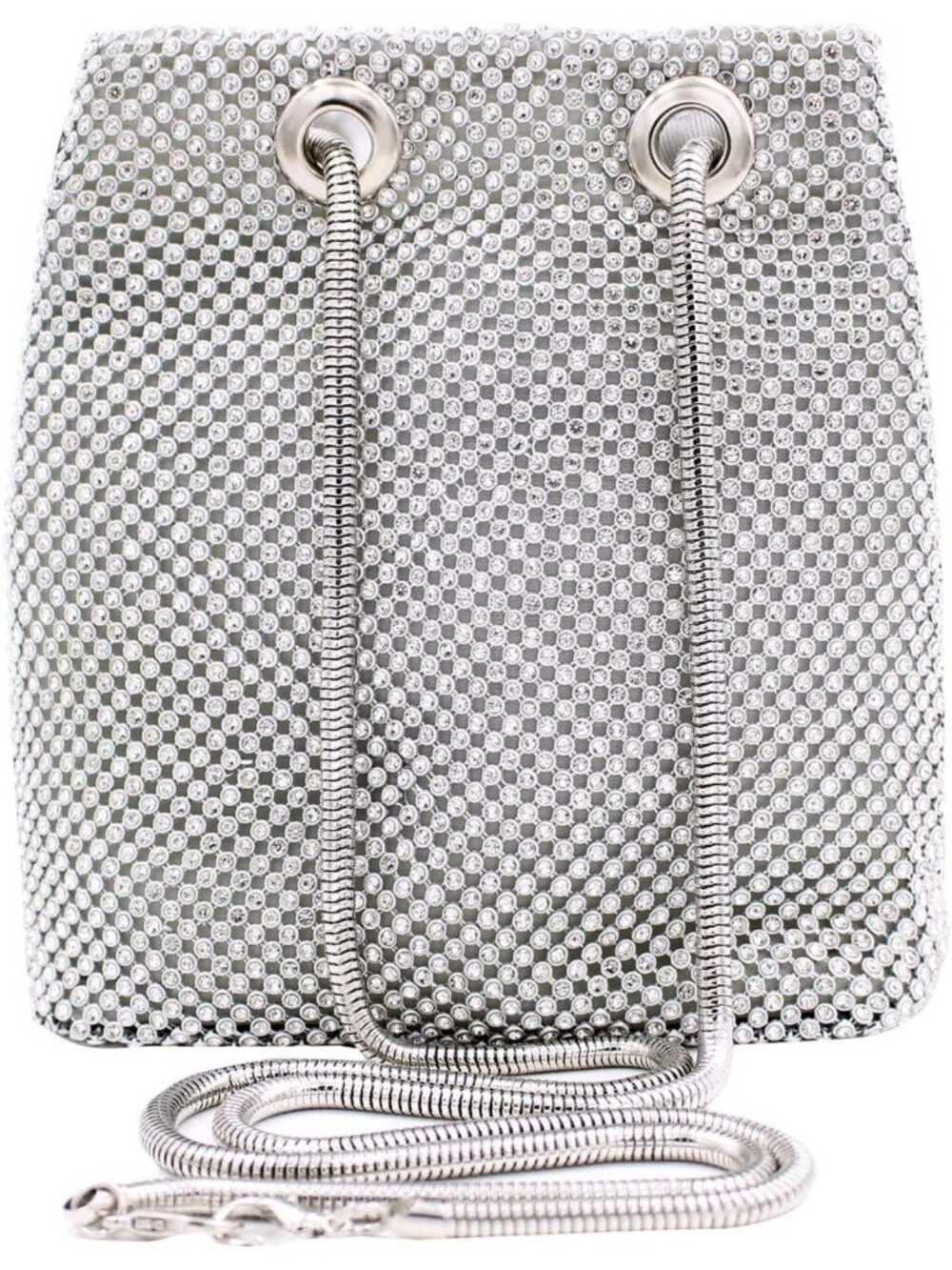 Silver Rhinestone Mesh Bucket Bag Bling Evening Crossbody Purse
